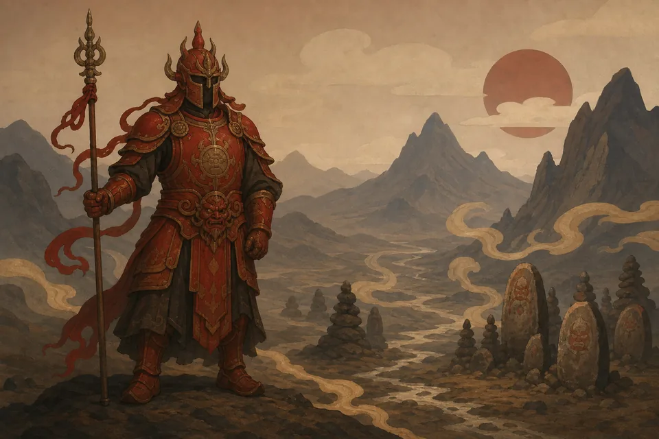 Konzeptillustration eines roten gepanzerten Wächters in einer Berglandschaft des Jenseits, nur als kultureller Kontext